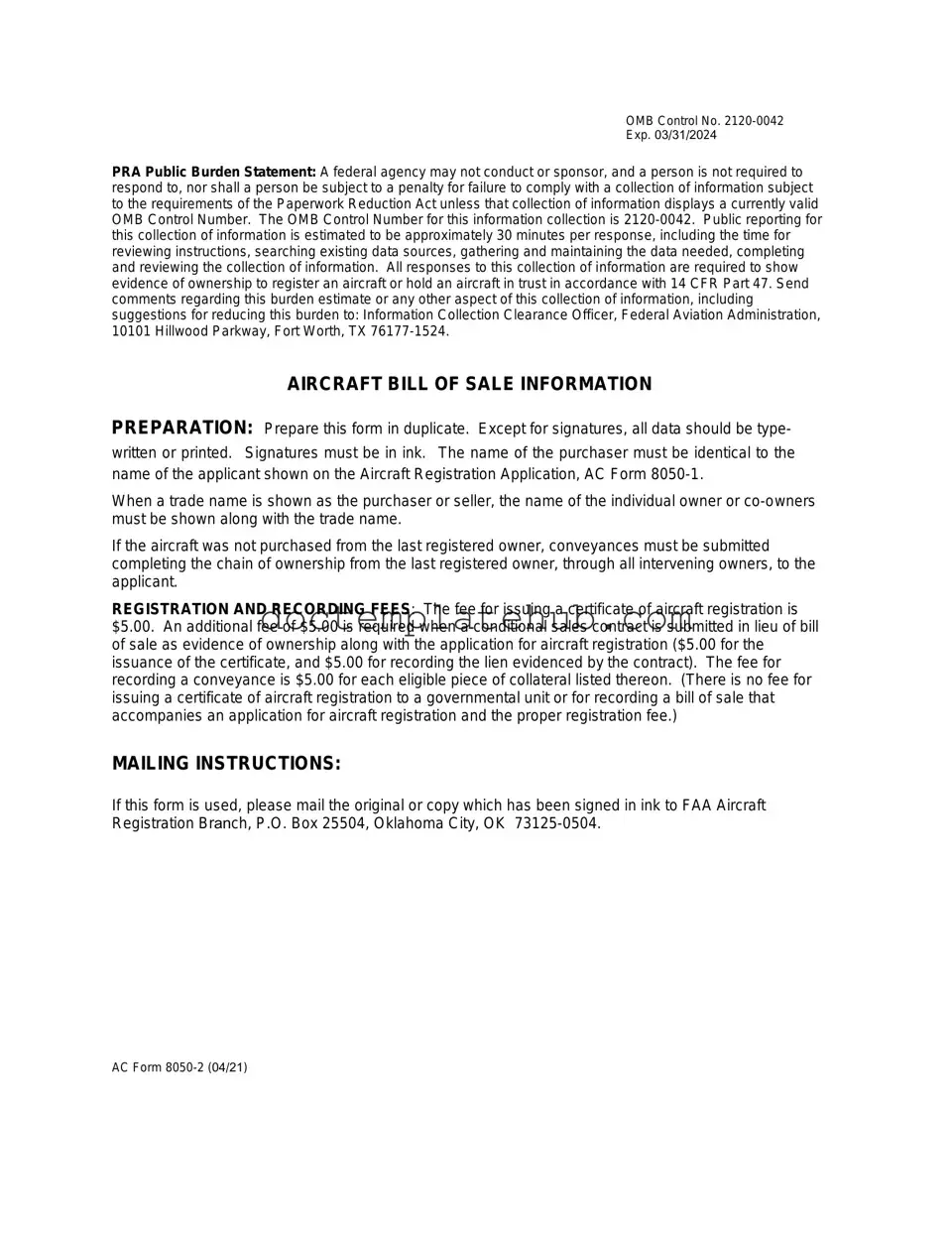 Fill Your Aircraft Bill of Sale AC 8050-2 Form