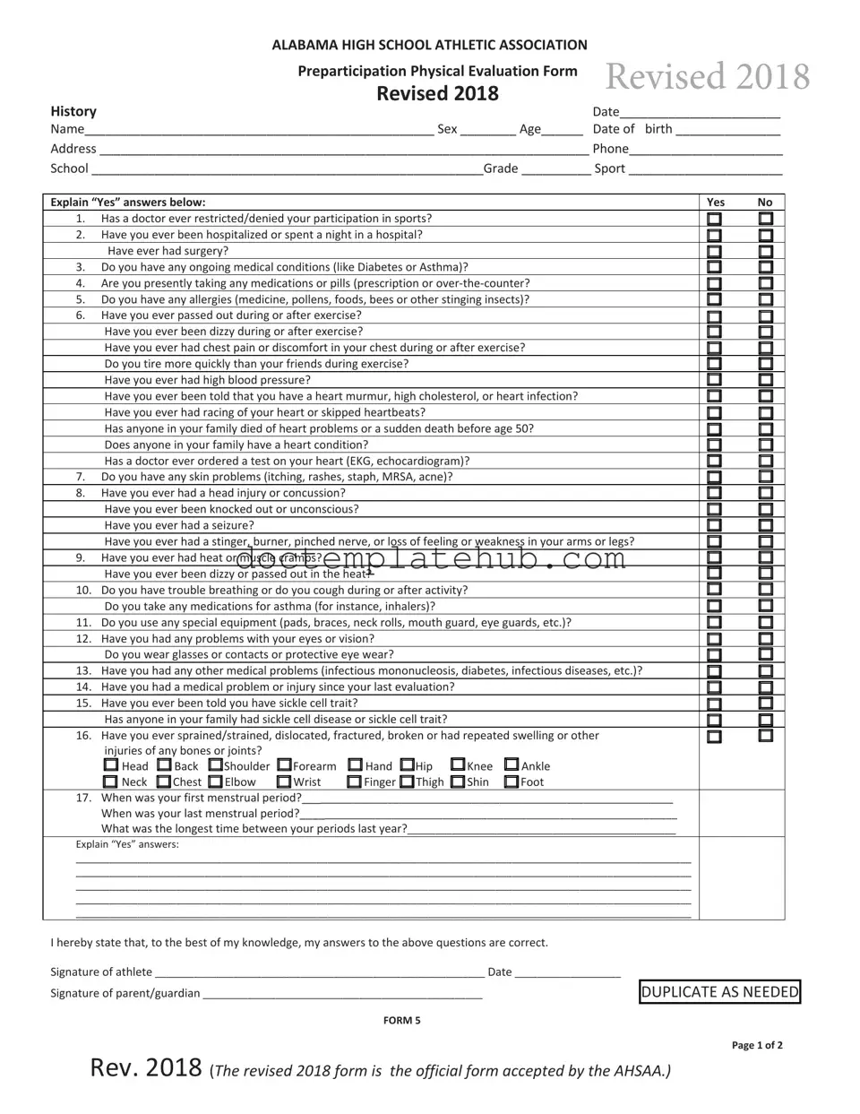 Fill Your Alabama High School Physical Form