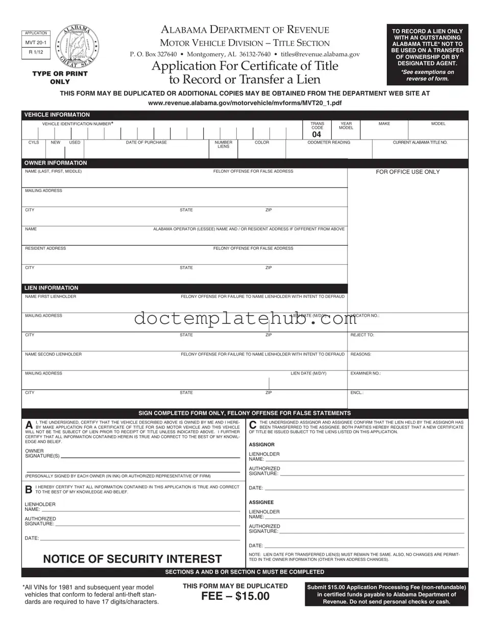 Fill Your Alabama Mvt 20 1 Form