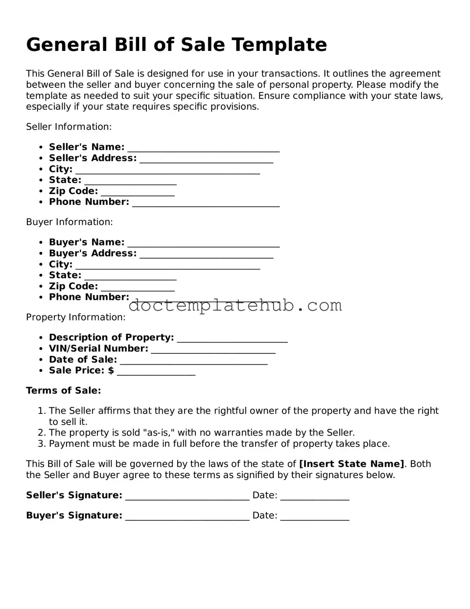 Official General Bill of Sale Form