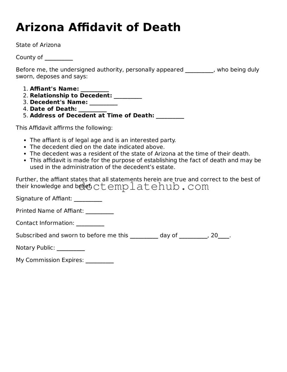 Fillable Affidavit of Death Template for Arizona State