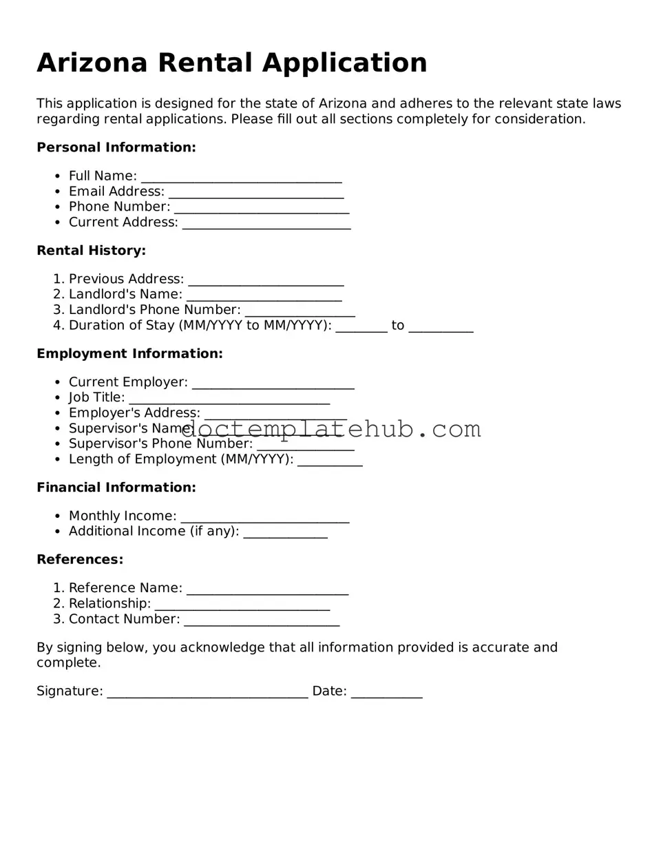 Fillable Rental Application Template for Arizona State