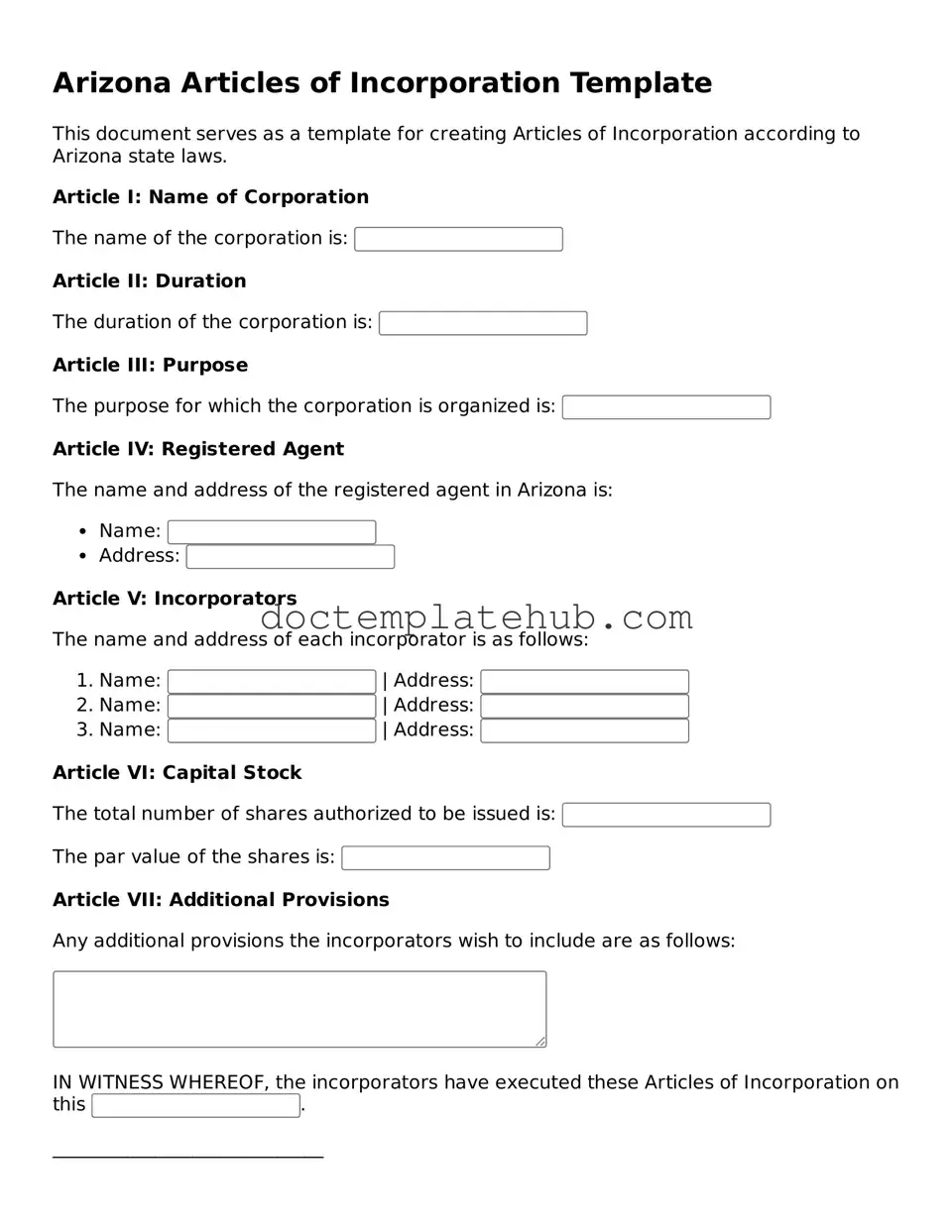 Fillable Articles of Incorporation Template for Arizona State