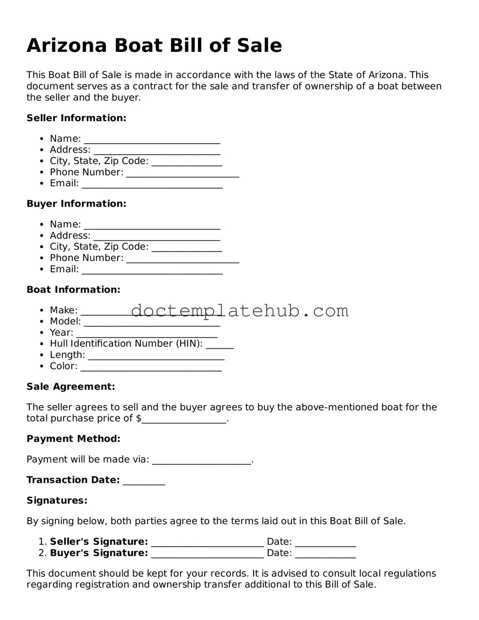 Fillable Boat Bill of Sale Template for Arizona State