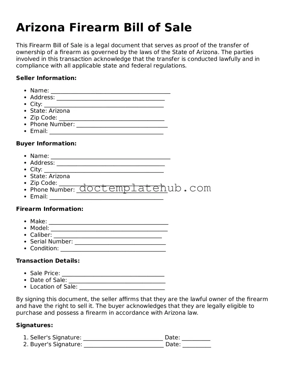 Fillable Firearm Bill of Sale Template for Arizona State