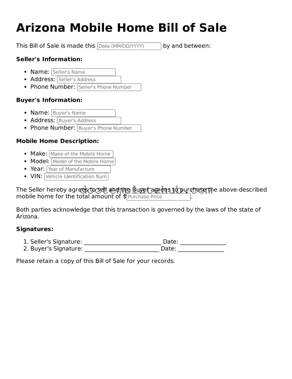 Fillable Mobile Home Bill of Sale Template for Arizona State