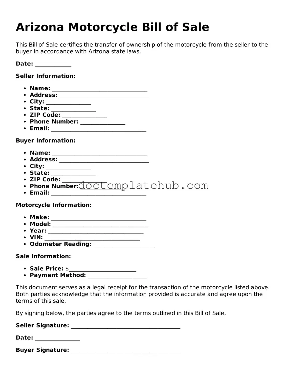 Fillable Motorcycle Bill of Sale Template for Arizona State