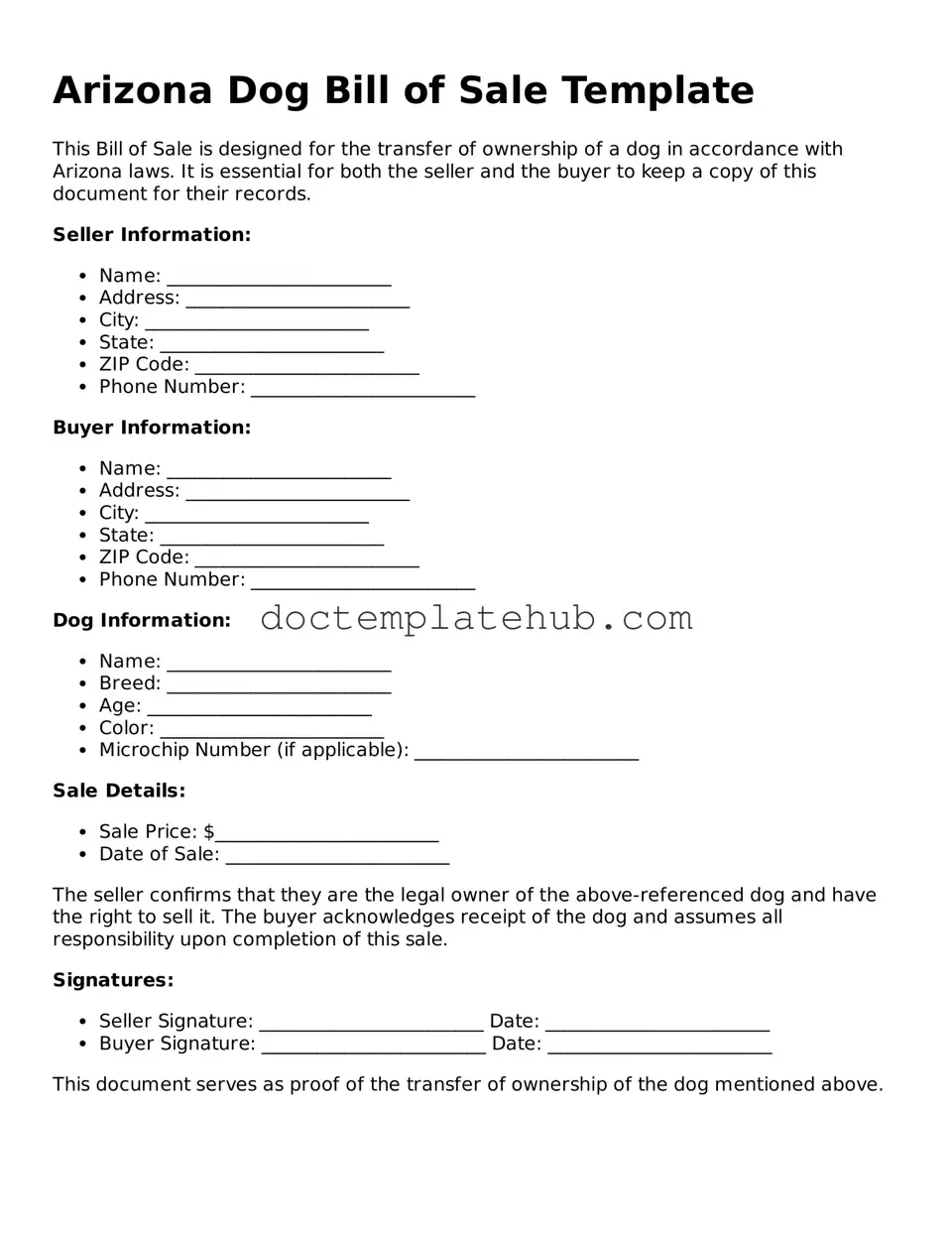 Fillable Dog Bill of Sale Template for Arizona State