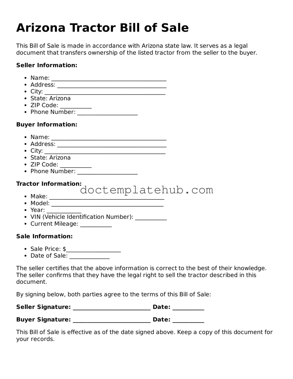 Fillable Tractor Bill of Sale Template for Arizona State