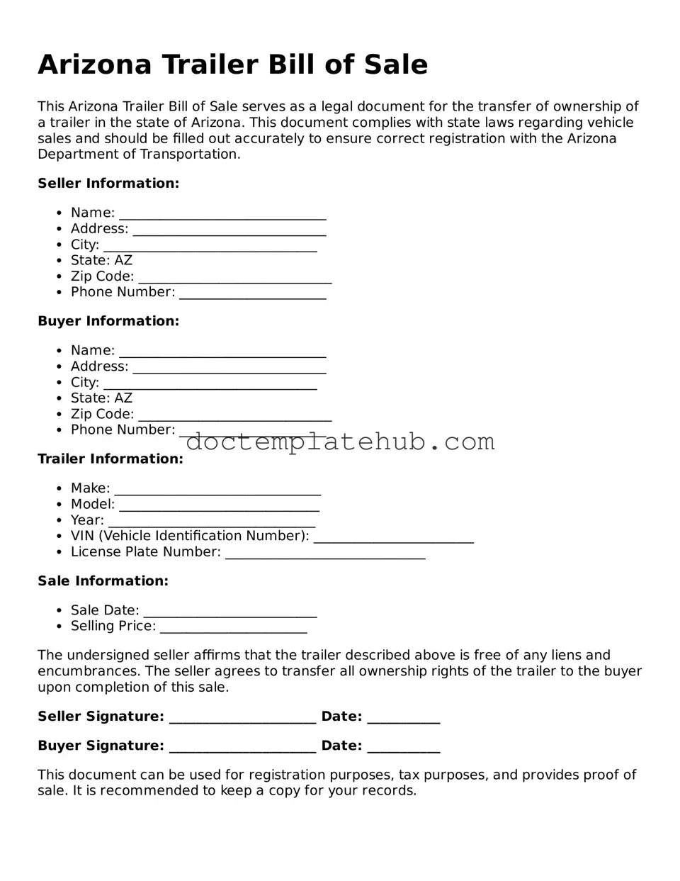 Fillable Trailer Bill of Sale Template for Arizona State