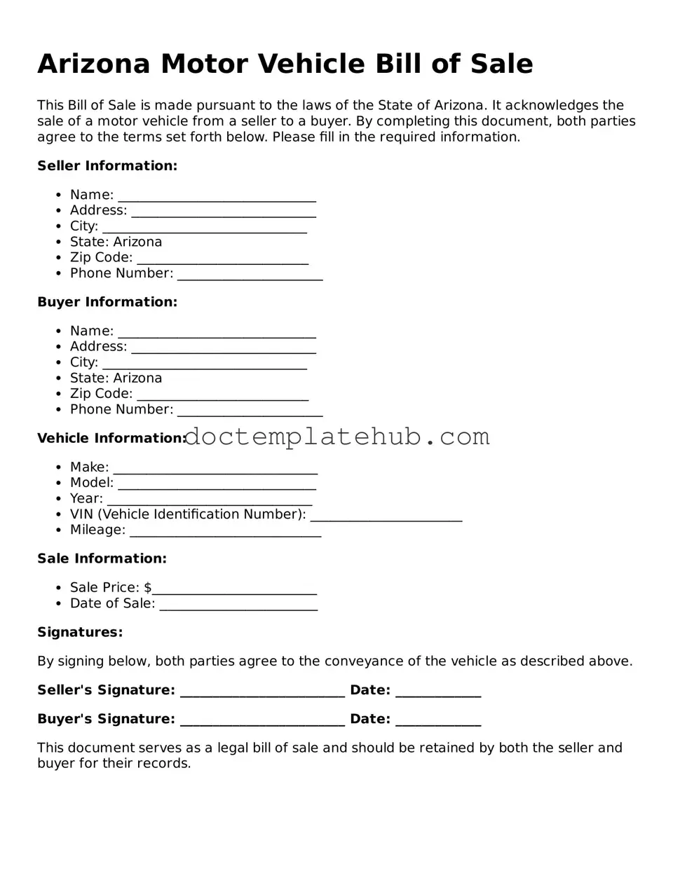 Fillable Motor Vehicle Bill of Sale Template for Arizona State