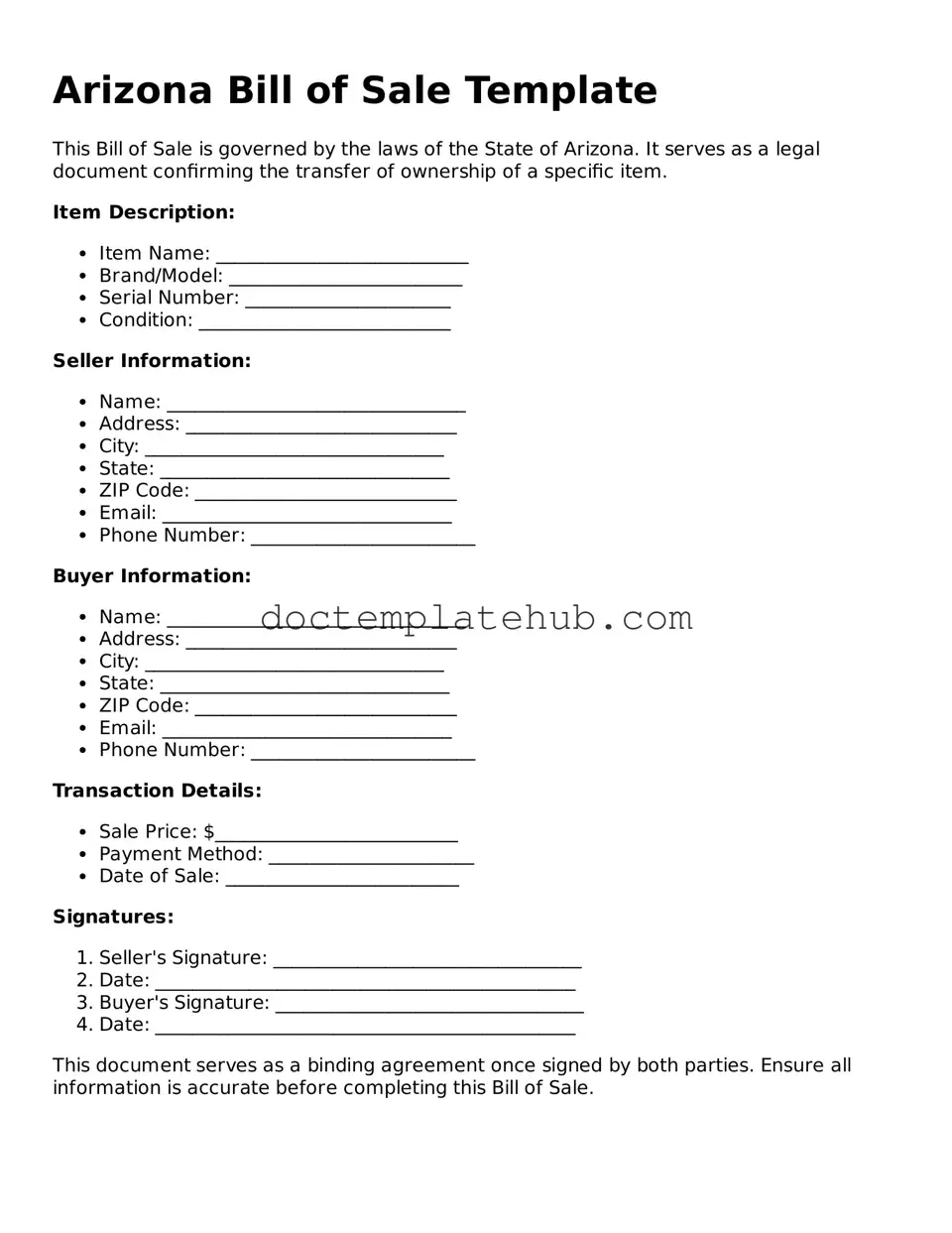Fillable Bill of Sale Template for Arizona State