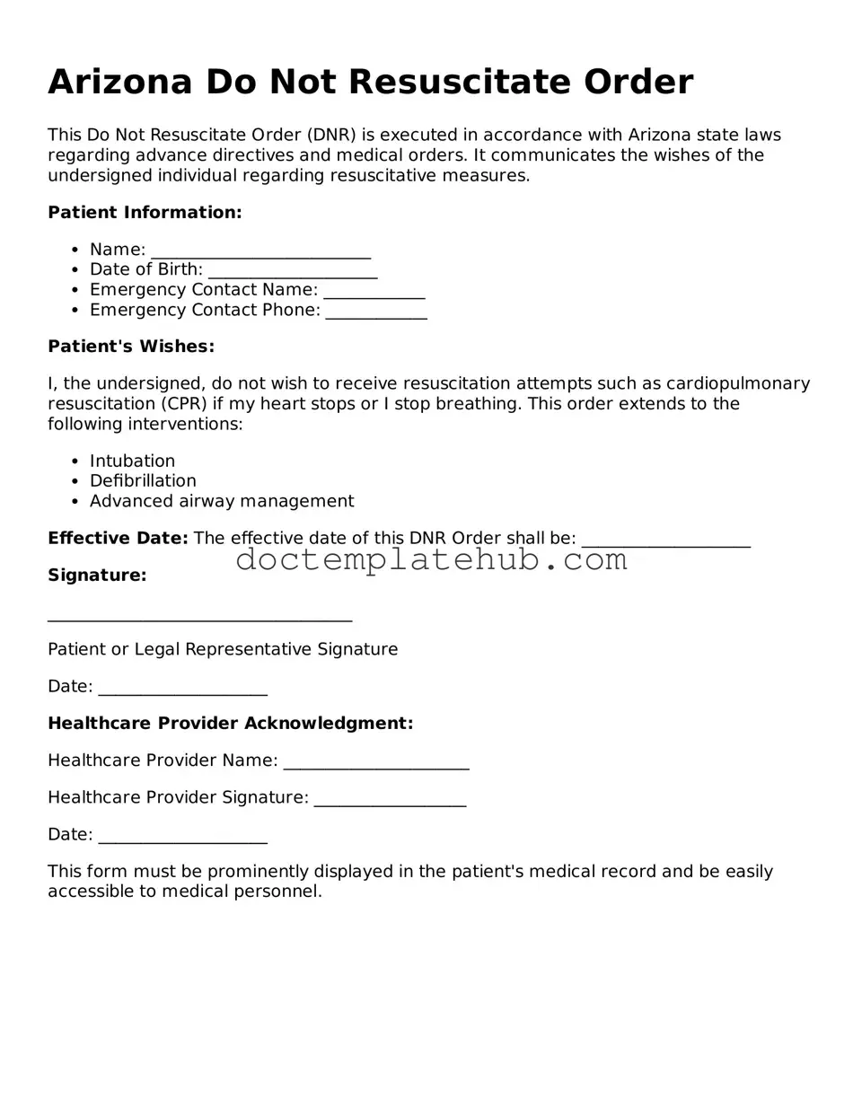 Fillable Do Not Resuscitate Order Template for Arizona State
