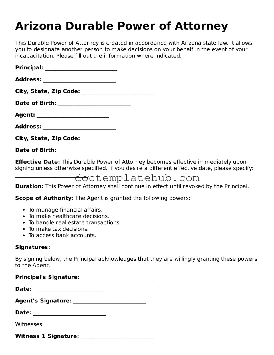 Fillable Durable Power of Attorney Template for Arizona State