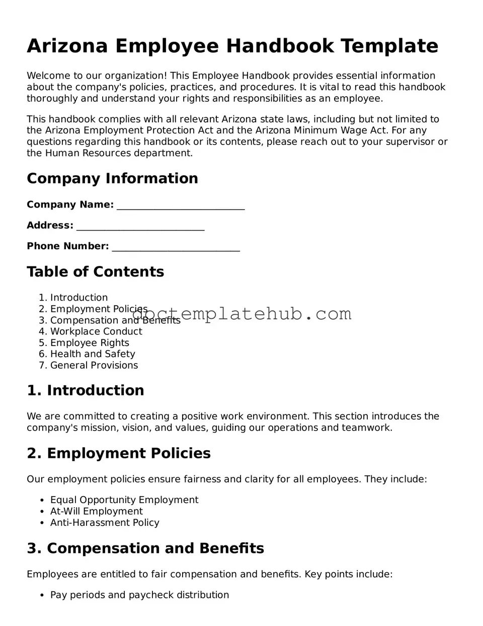 Fillable Employee Handbook Template for Arizona State