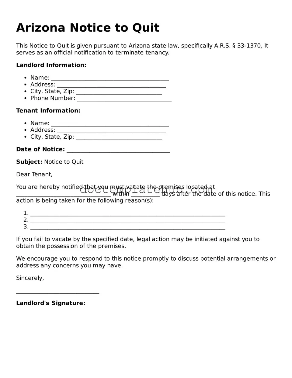 Fillable Notice to Quit Template for Arizona State