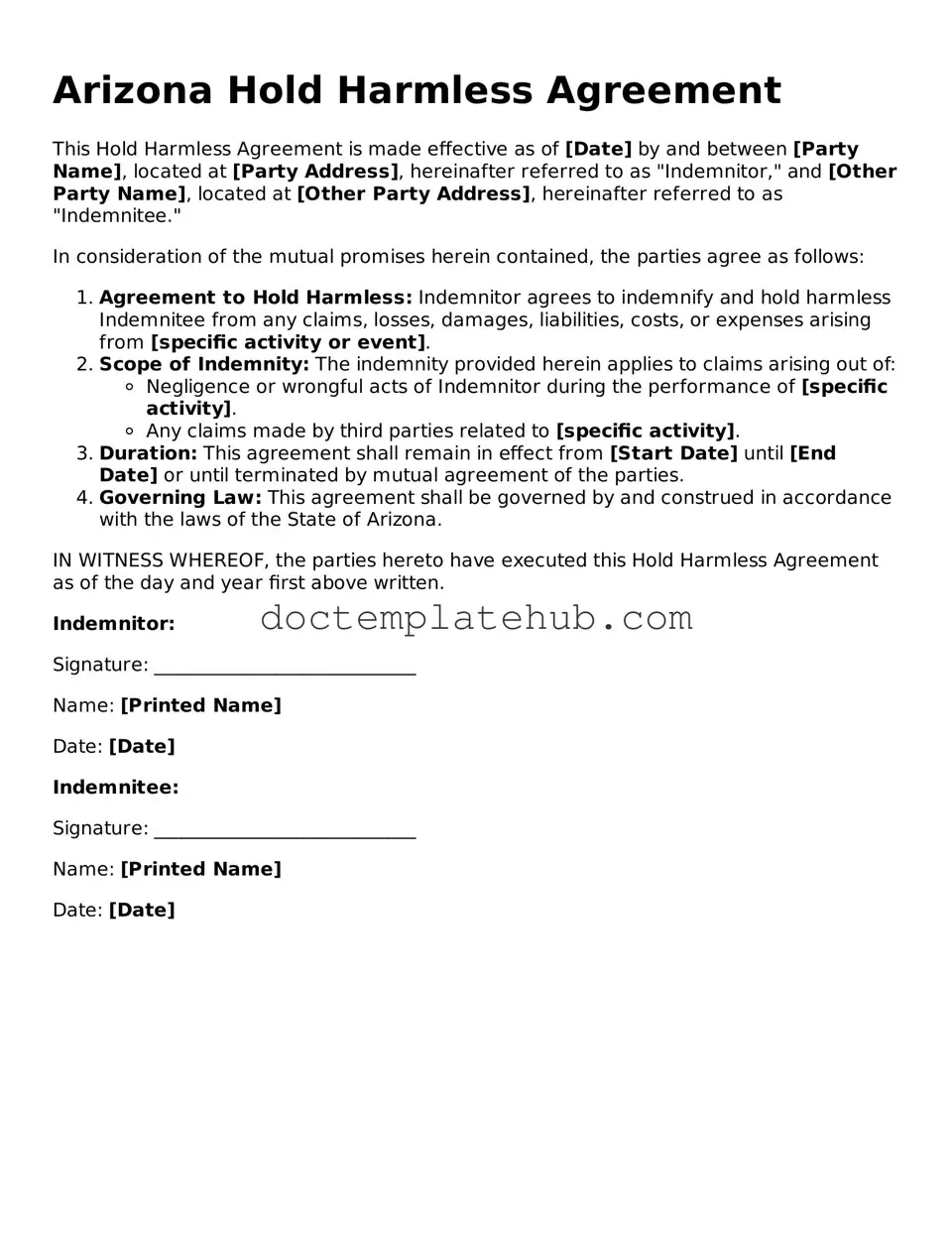 Fillable Hold Harmless Agreement Template for Arizona State