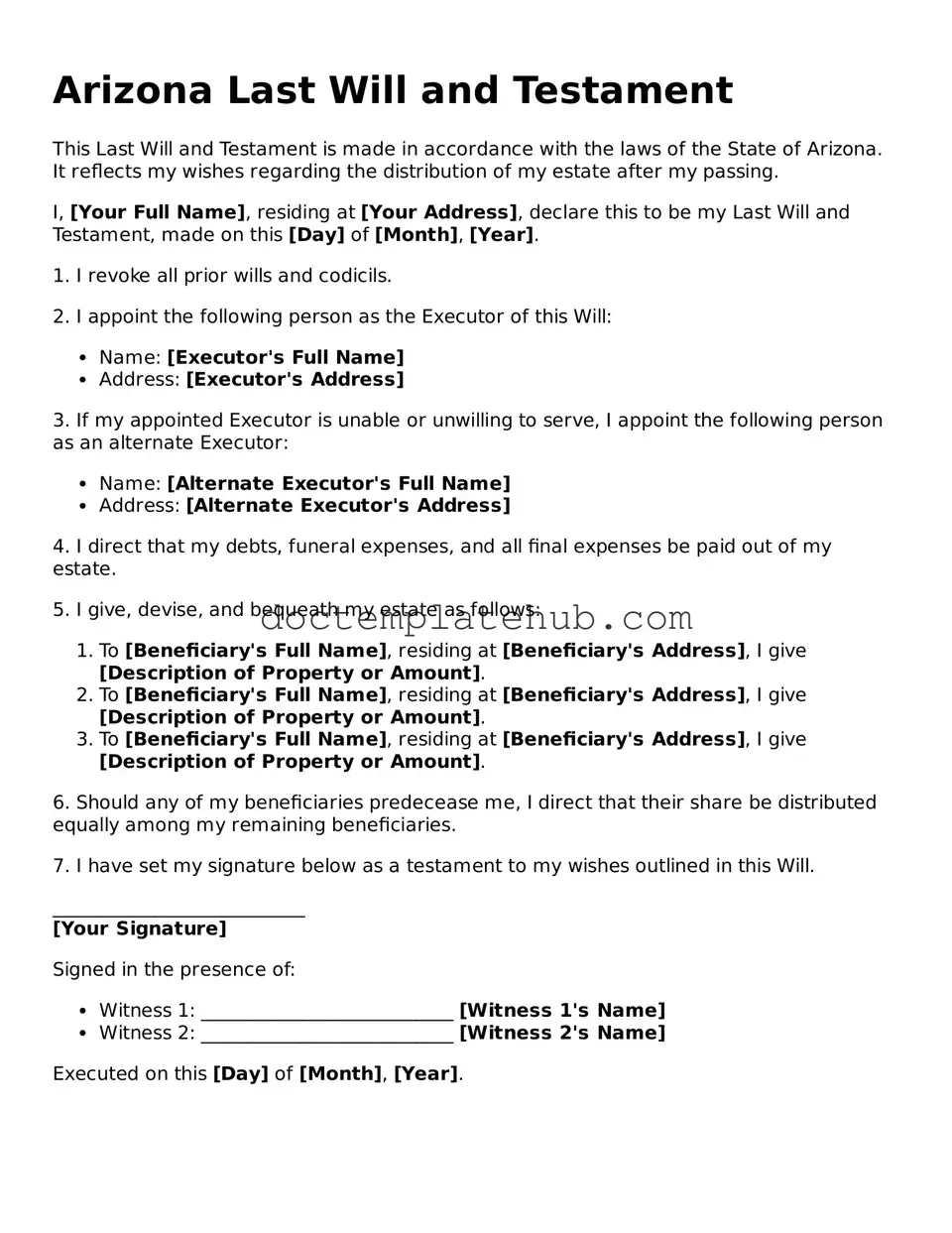 Fillable Last Will and Testament Template for Arizona State