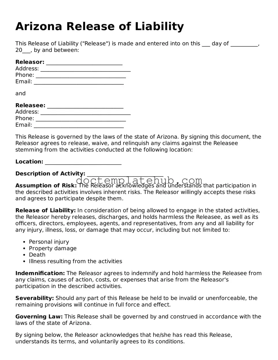 Fillable Release of Liability Template for Arizona State