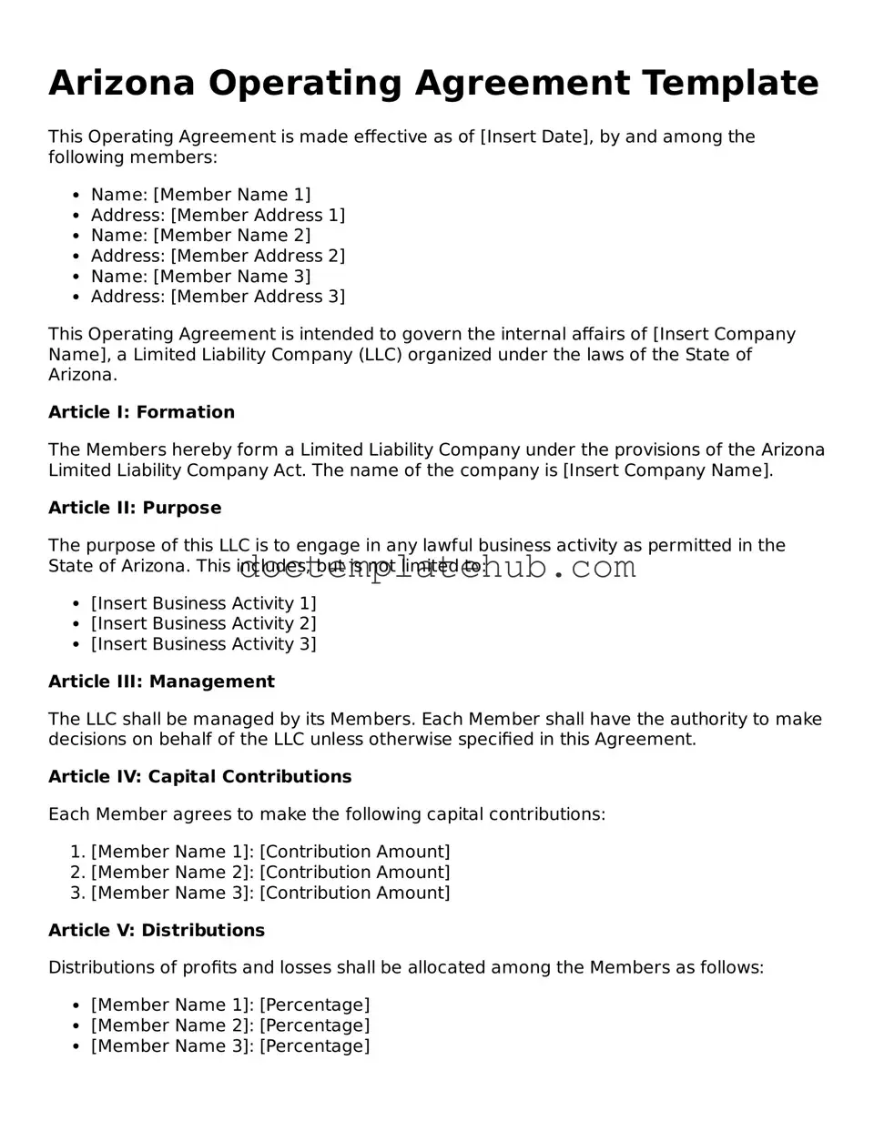 Fillable Operating Agreement Template for Arizona State