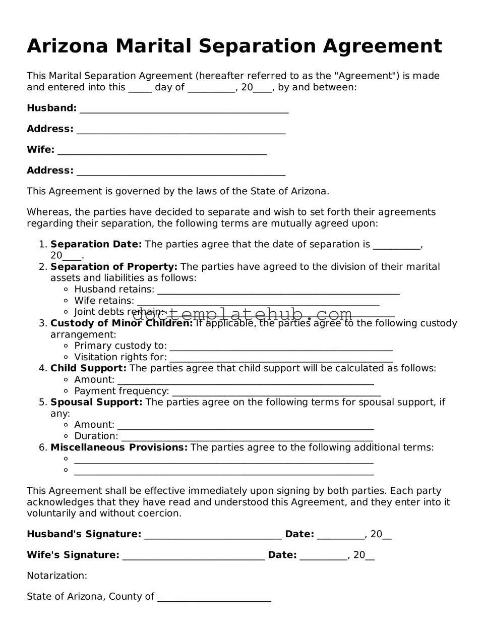 Fillable Marital Separation Agreement Template for Arizona State
