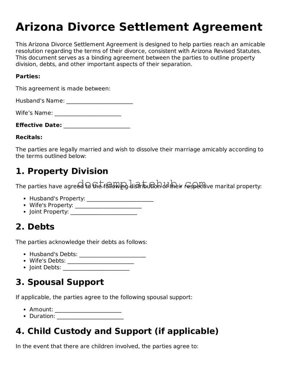 Fillable Divorce Settlement Agreement Template for Arizona State
