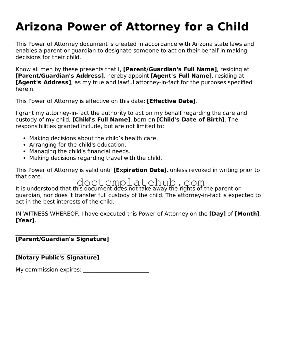 Fillable Power of Attorney for a Child Template for Arizona State
