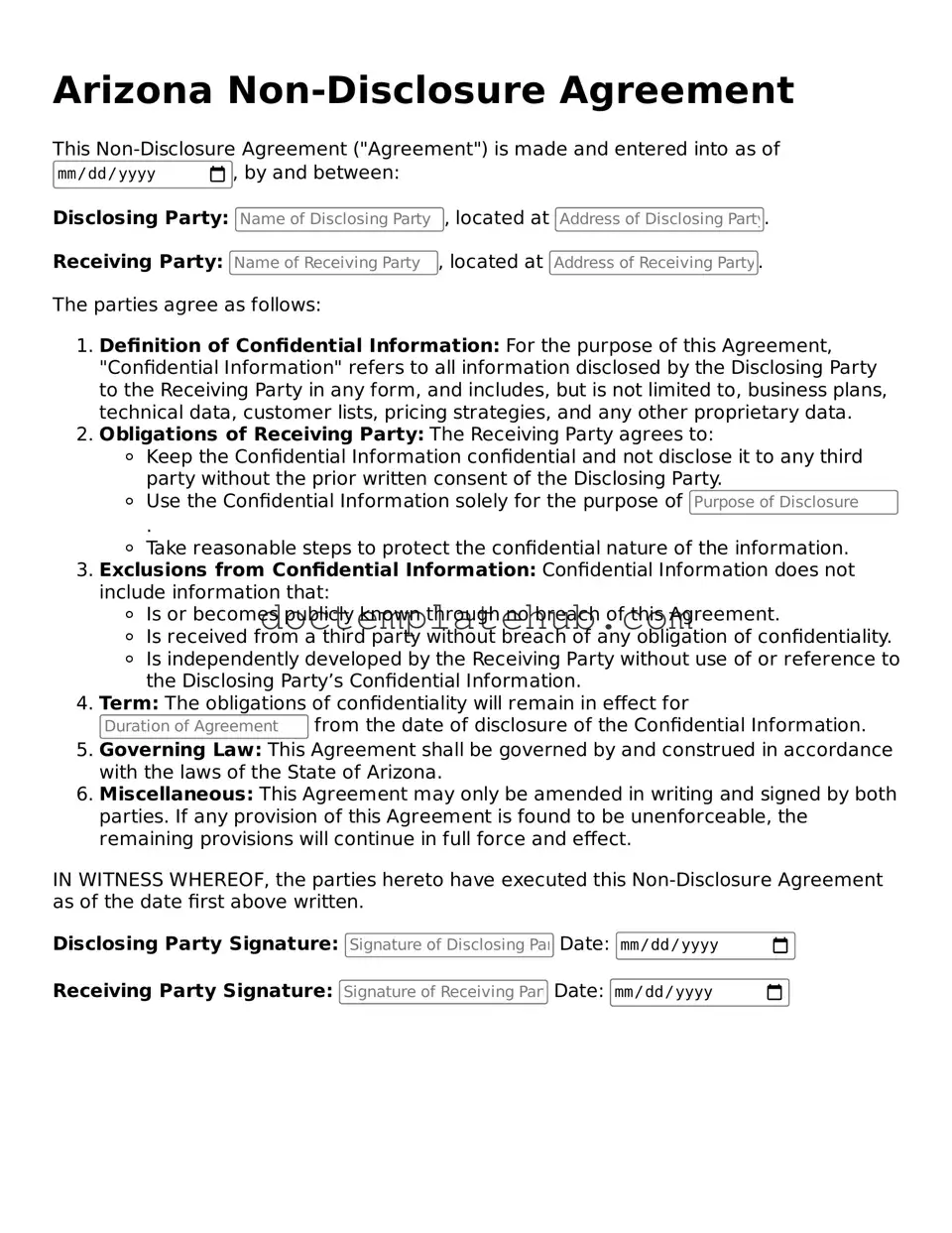 Fillable Non-disclosure Agreement Template for Arizona State