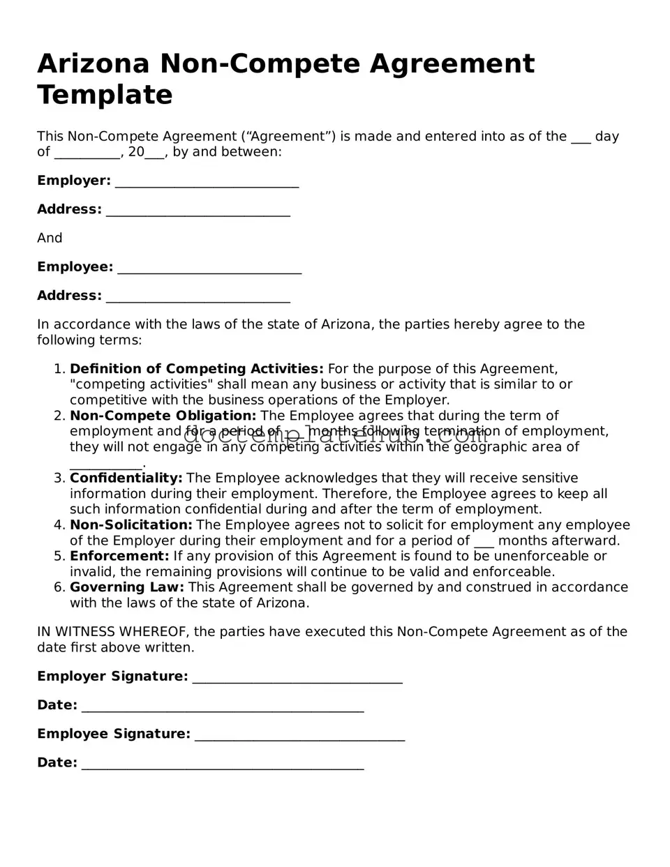 Fillable Non-compete Agreement Template for Arizona State