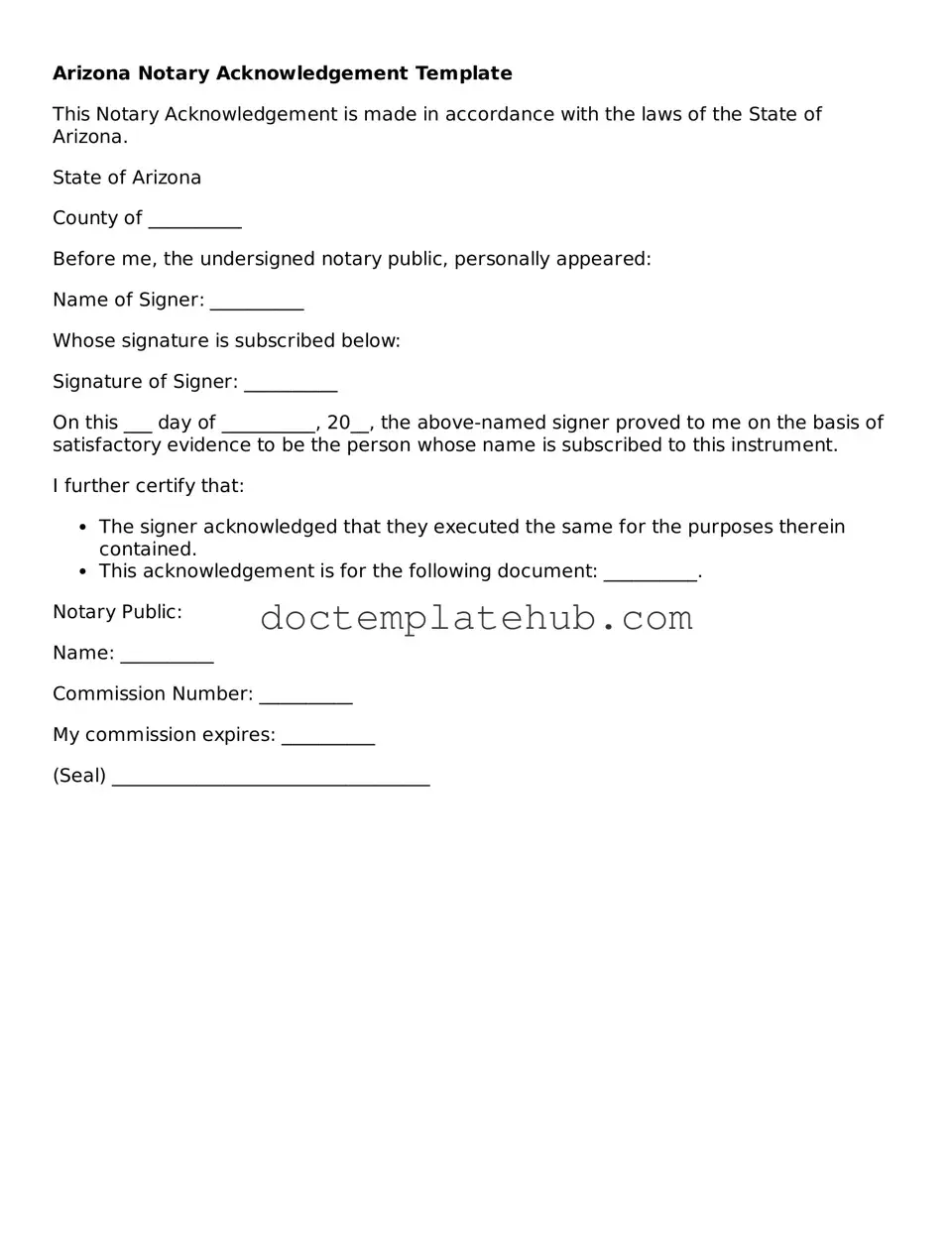 Fillable Notary Acknowledgement Template for Arizona State