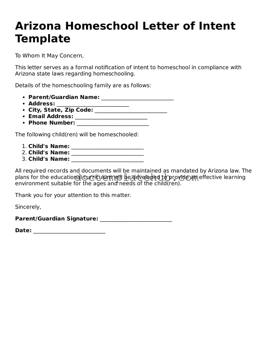 Fillable Homeschool Letter of Intent Template for Arizona State