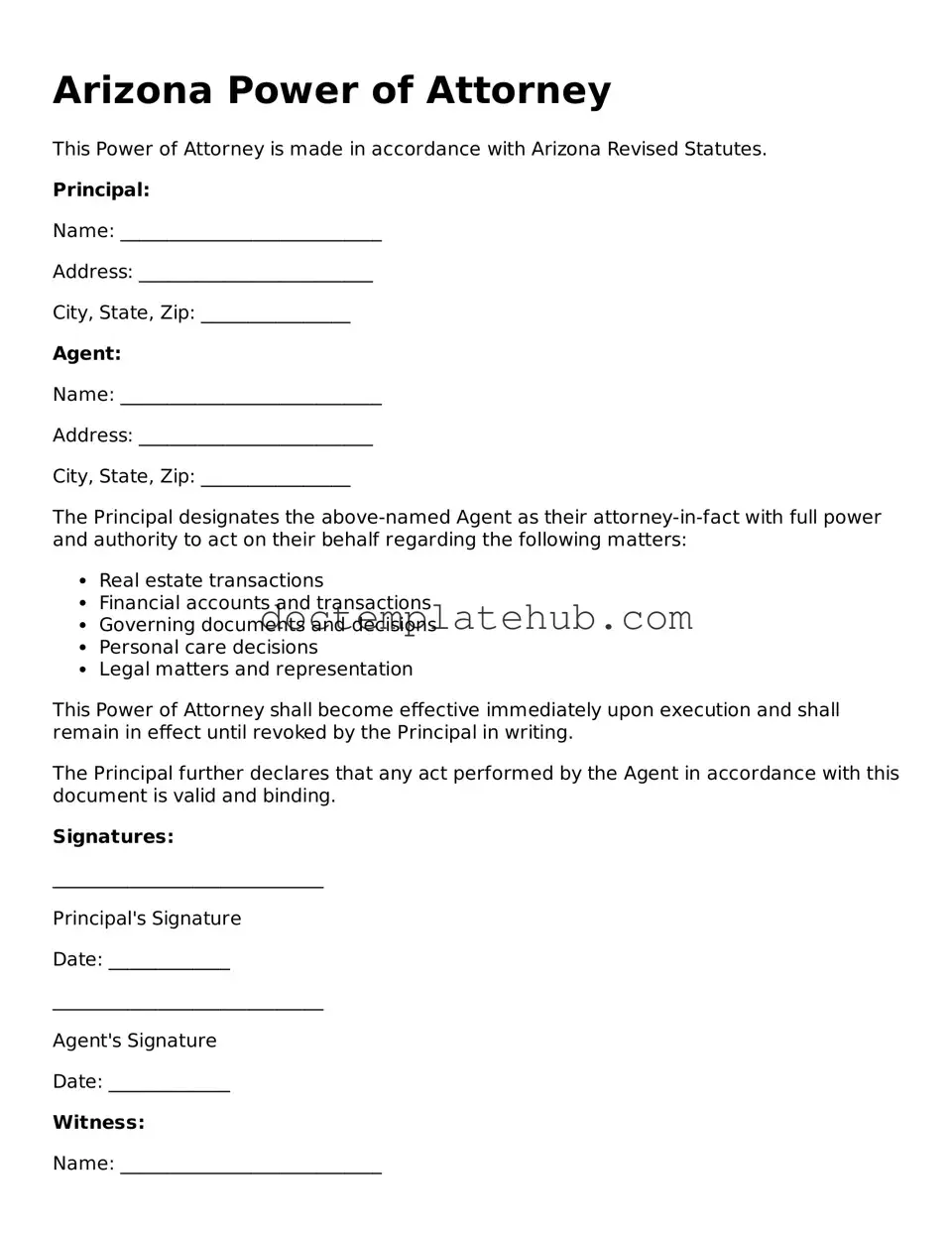 Fillable Power of Attorney Template for Arizona State