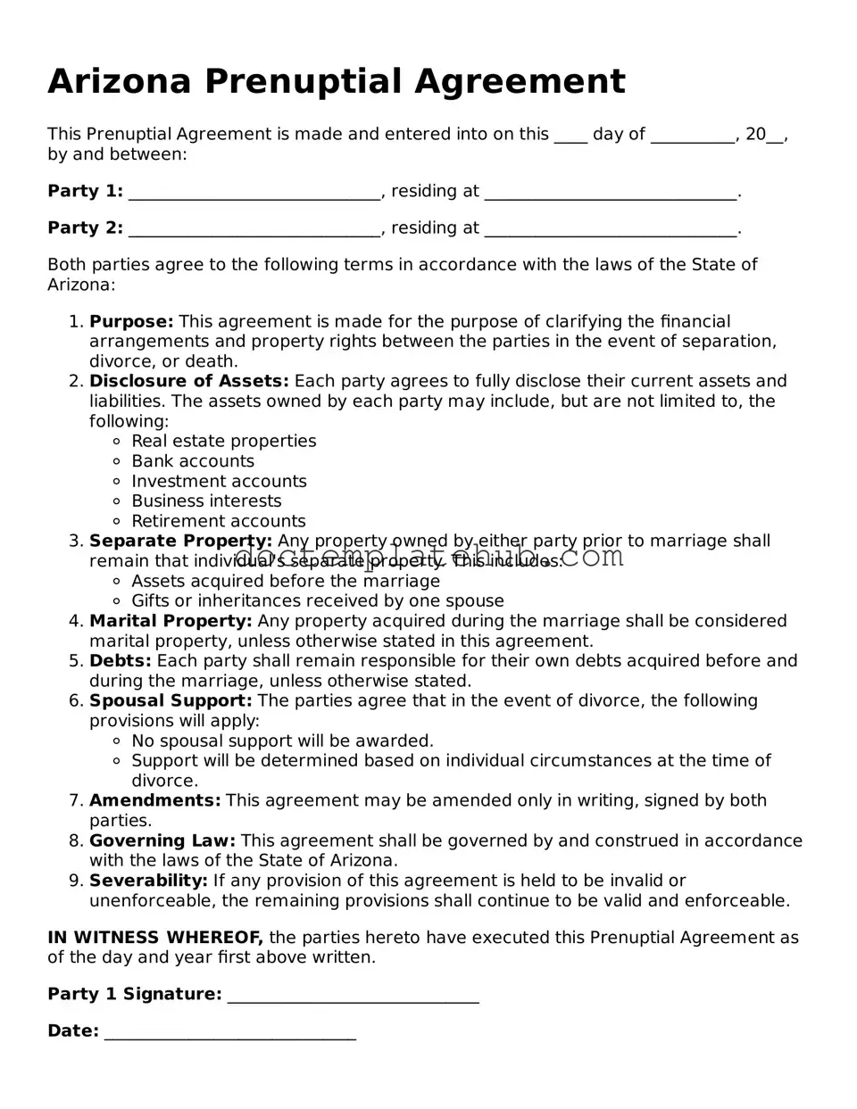 Fillable Prenuptial Agreement Template for Arizona State
