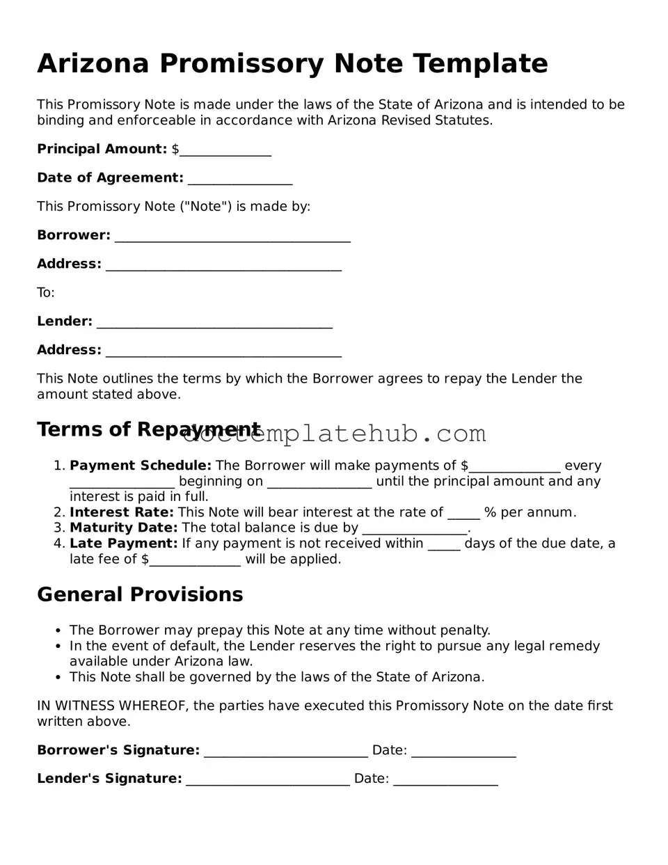 Fillable Promissory Note Template for Arizona State