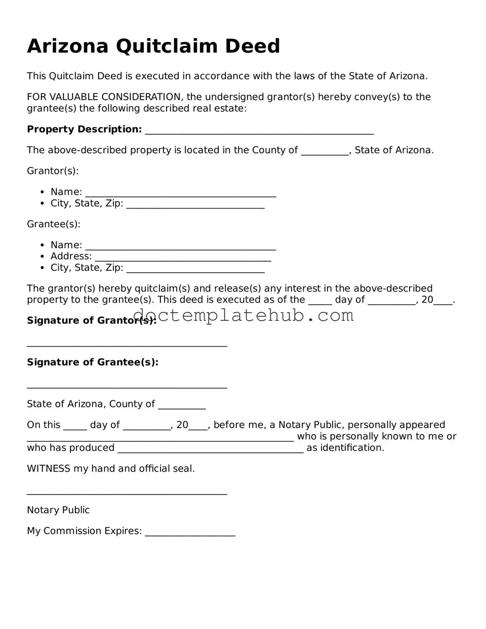 Fillable Quitclaim Deed Template for Arizona State
