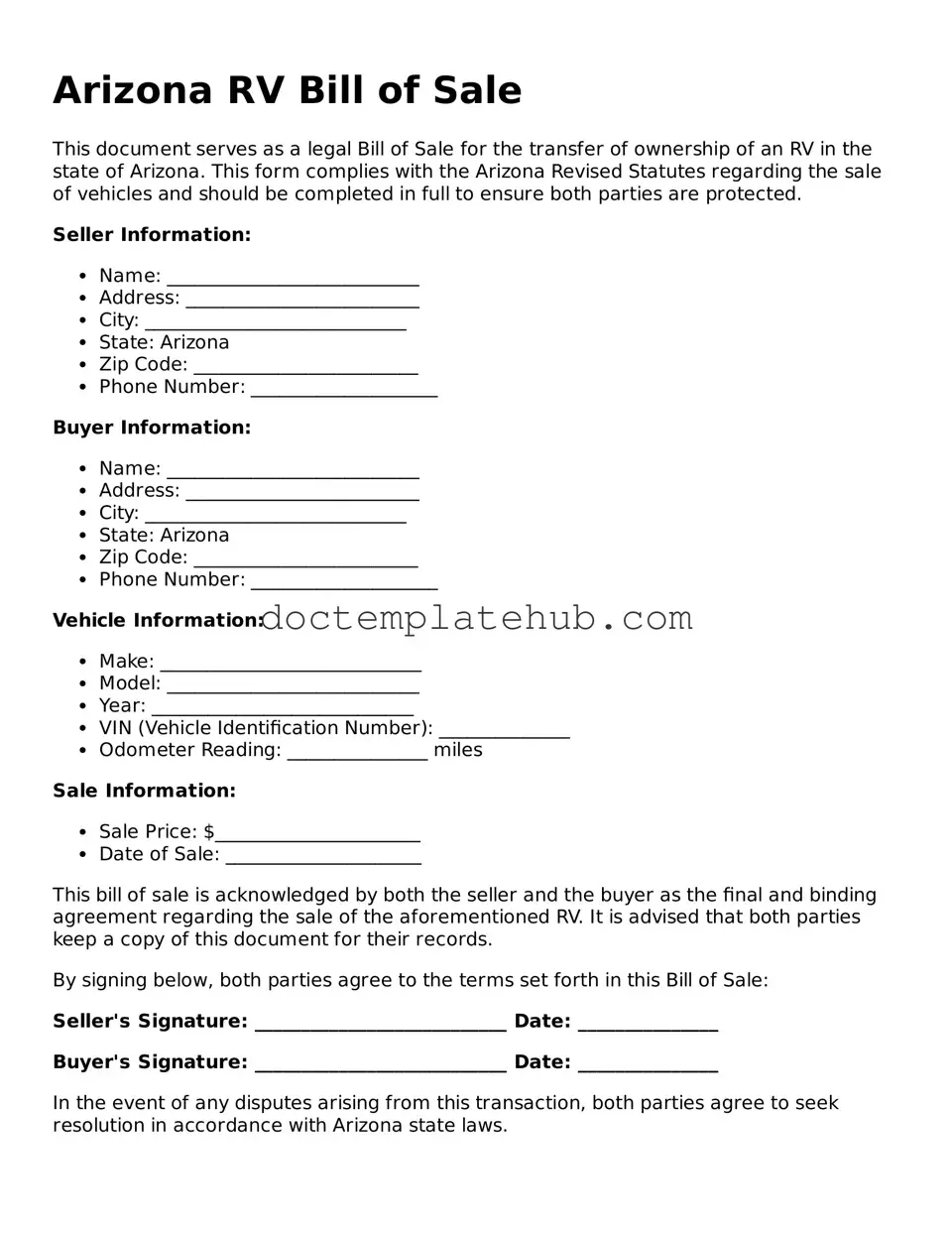 Fillable RV Bill of Sale Template for Arizona State