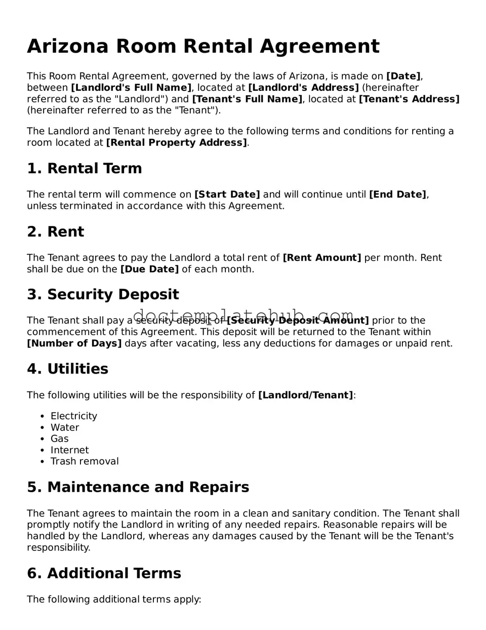 Fillable Room Rental Agreement Template for Arizona State
