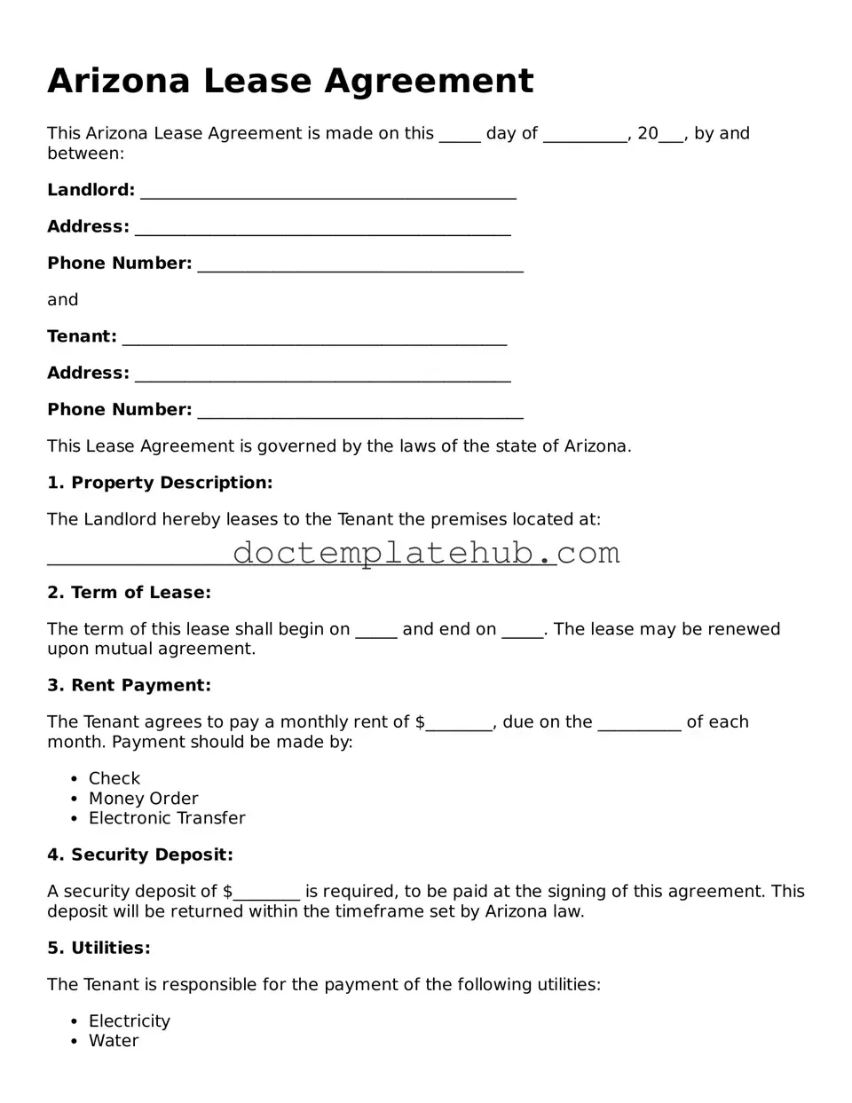 Fillable Lease Agreement Template for Arizona State
