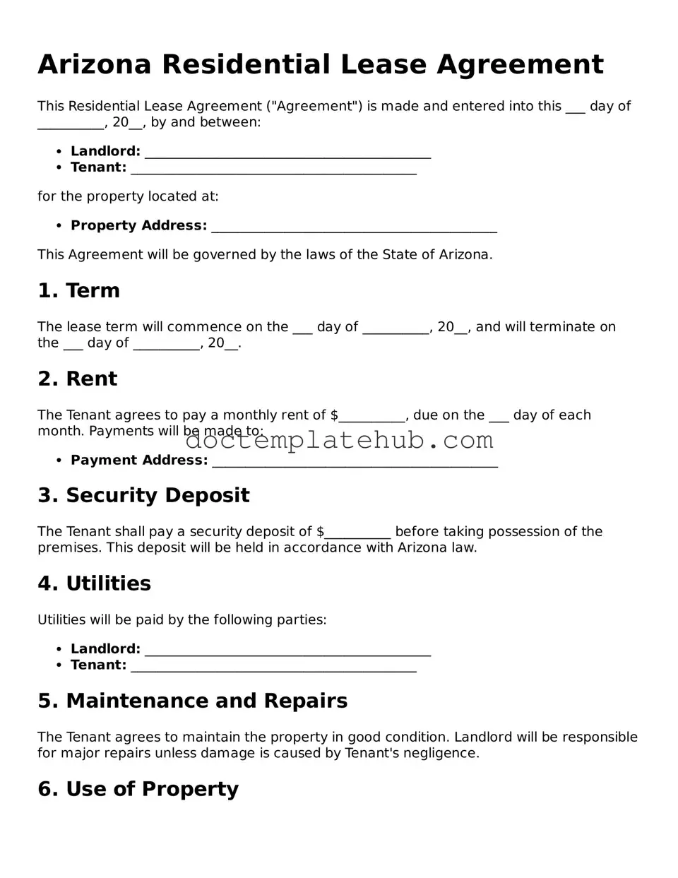 Fillable Residential Lease Agreement Template for Arizona State