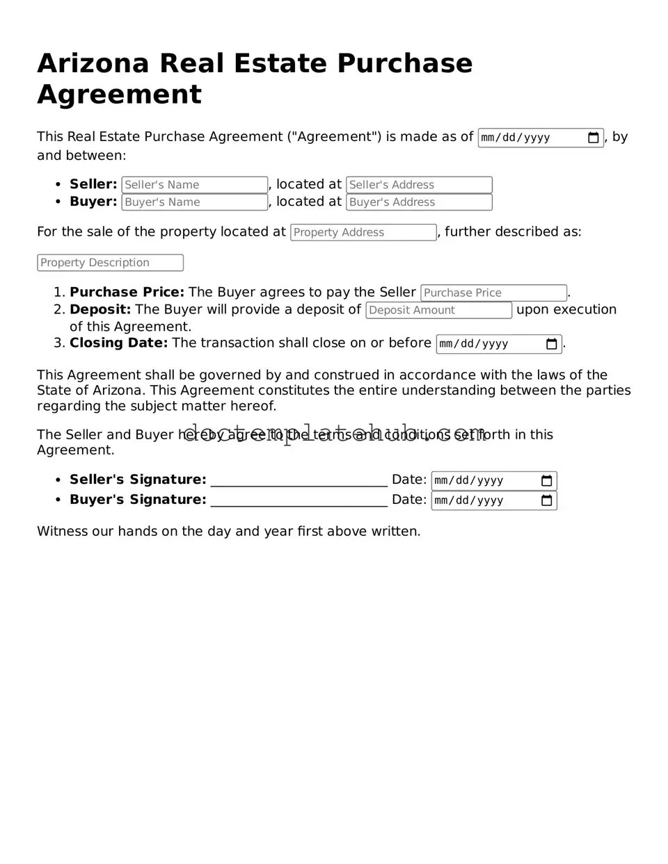 Fillable Real Estate Purchase Agreement Template for Arizona State