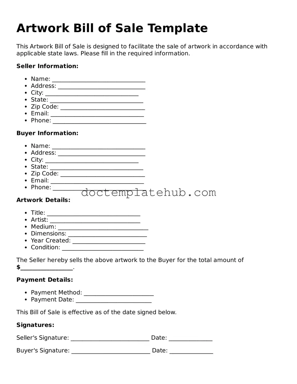 Official Artwork Bill of Sale Form