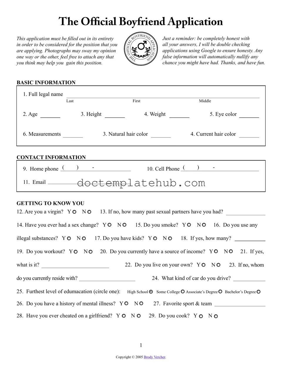 Fill Your Boyfriend application form Form