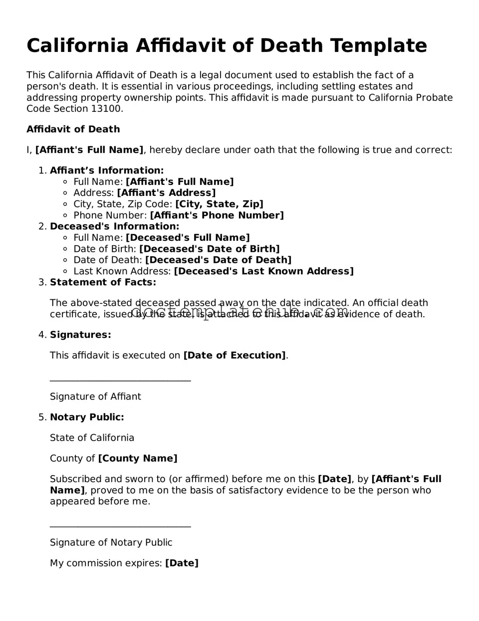 Fillable Affidavit of Death Template for California State