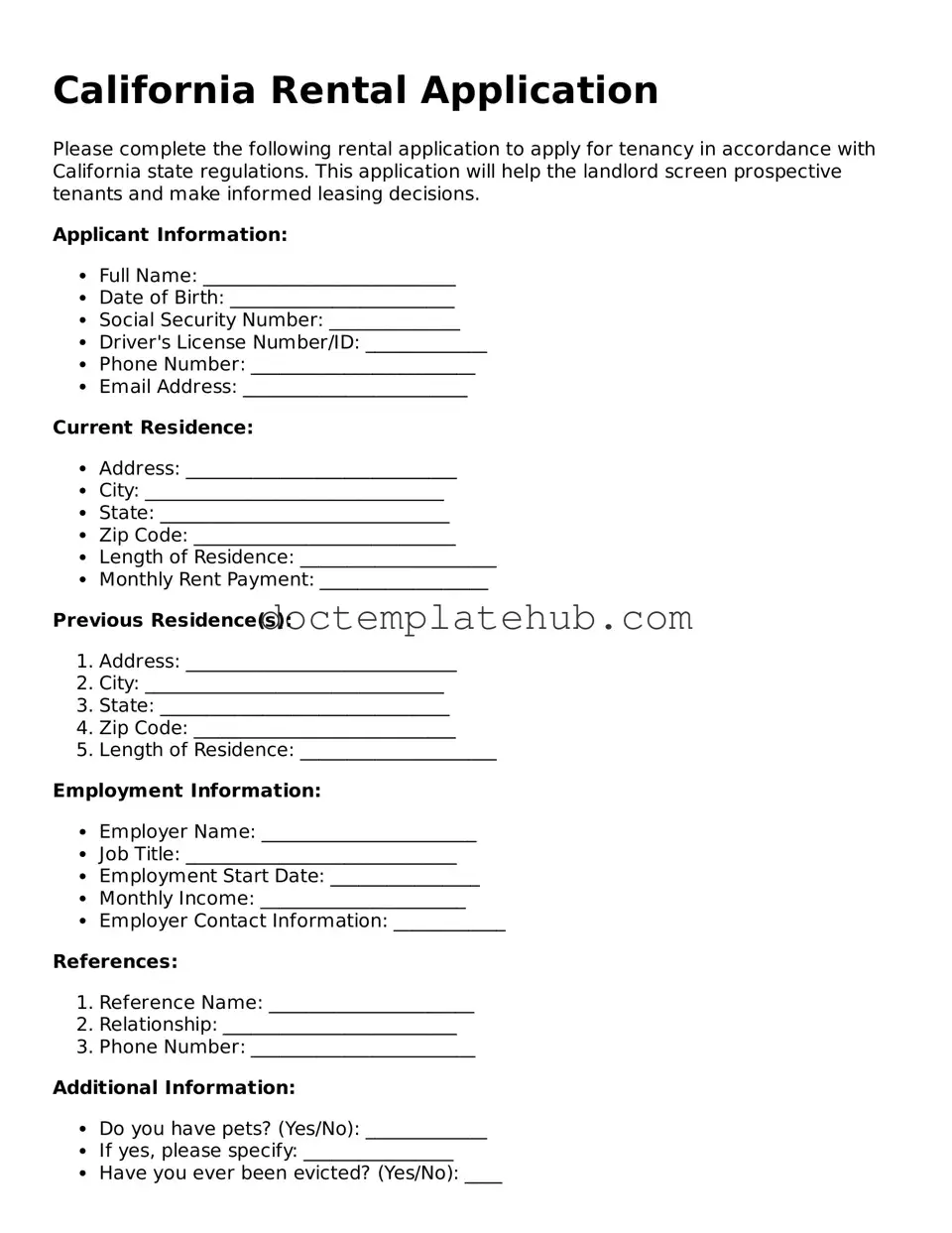 Fillable Rental Application Template for California State