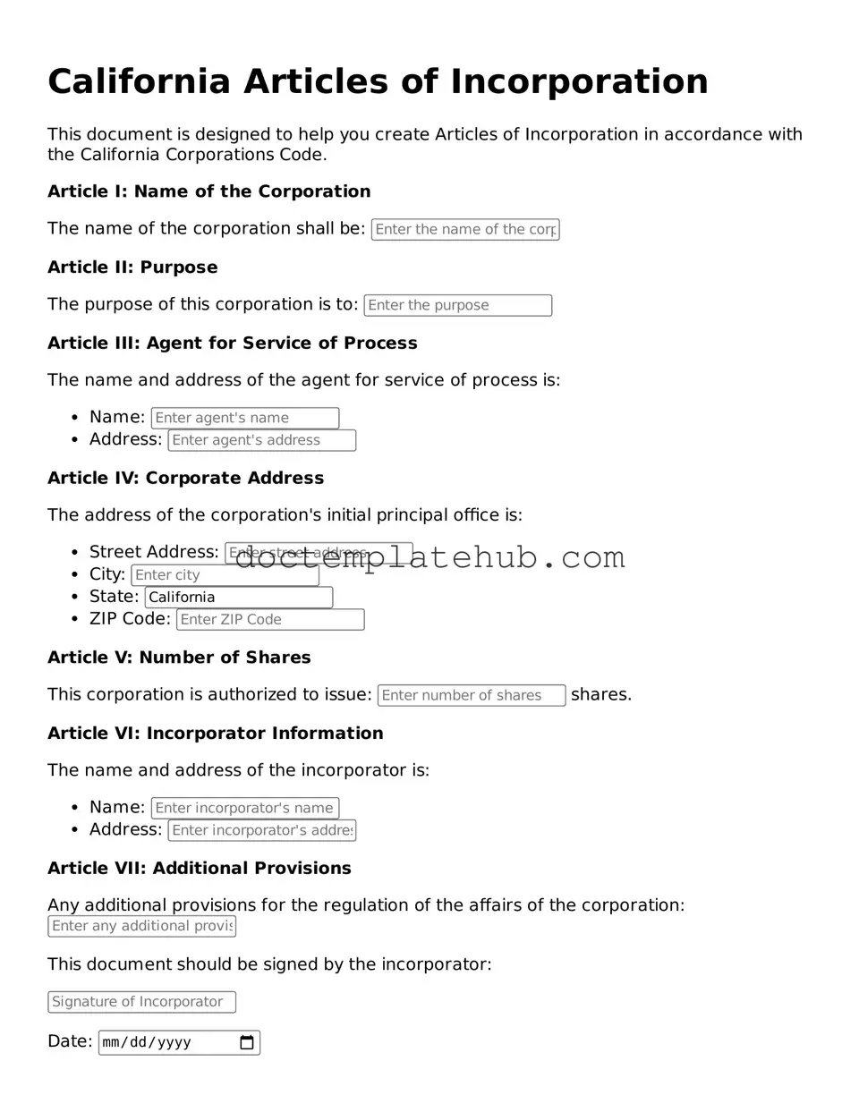 Fillable Articles of Incorporation Template for California State