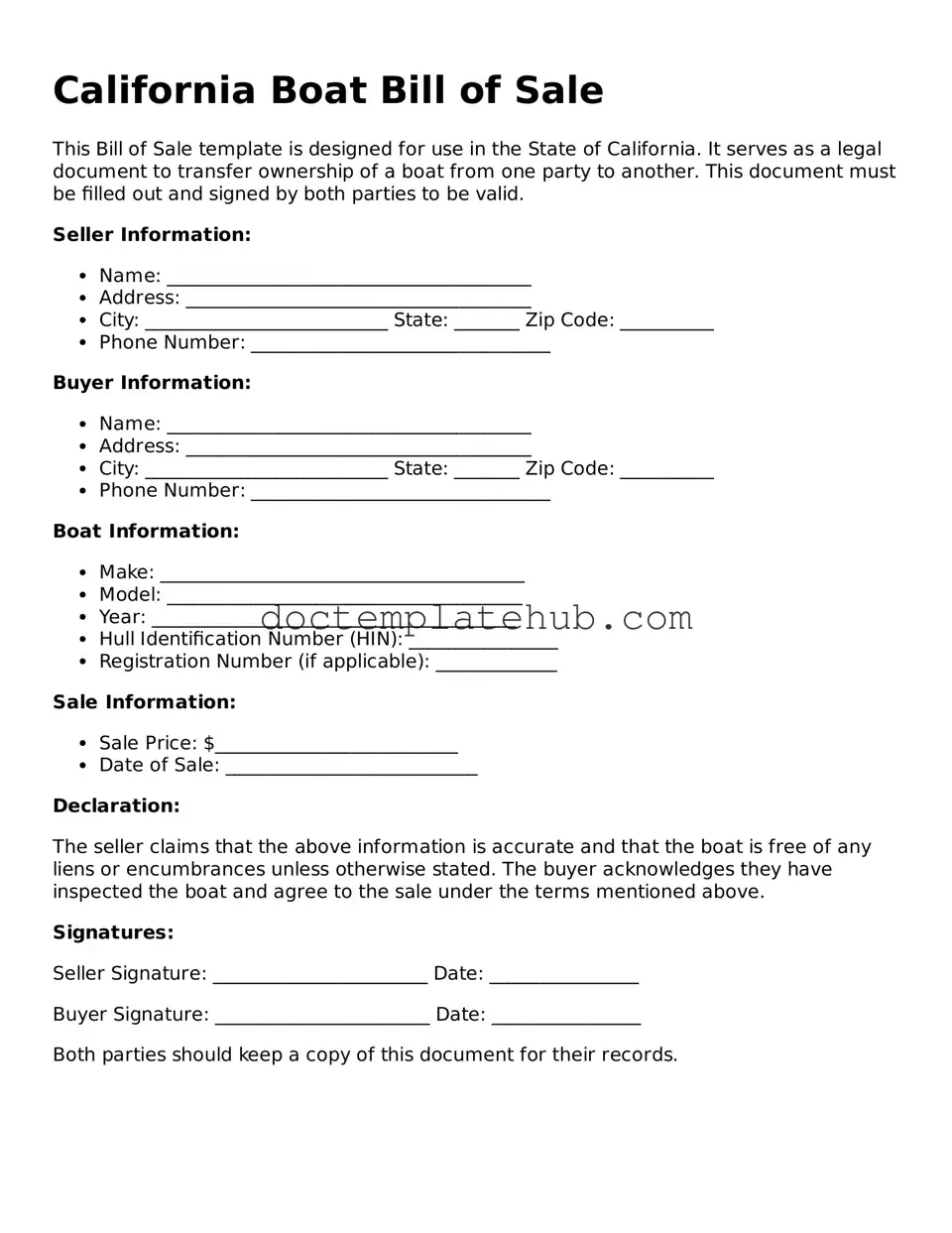 Fillable Boat Bill of Sale Template for California State