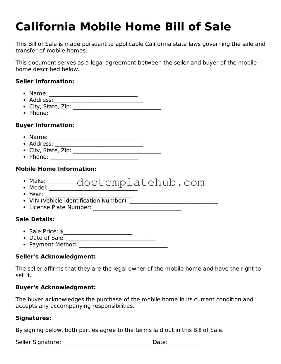 Fillable Mobile Home Bill of Sale Template for California State