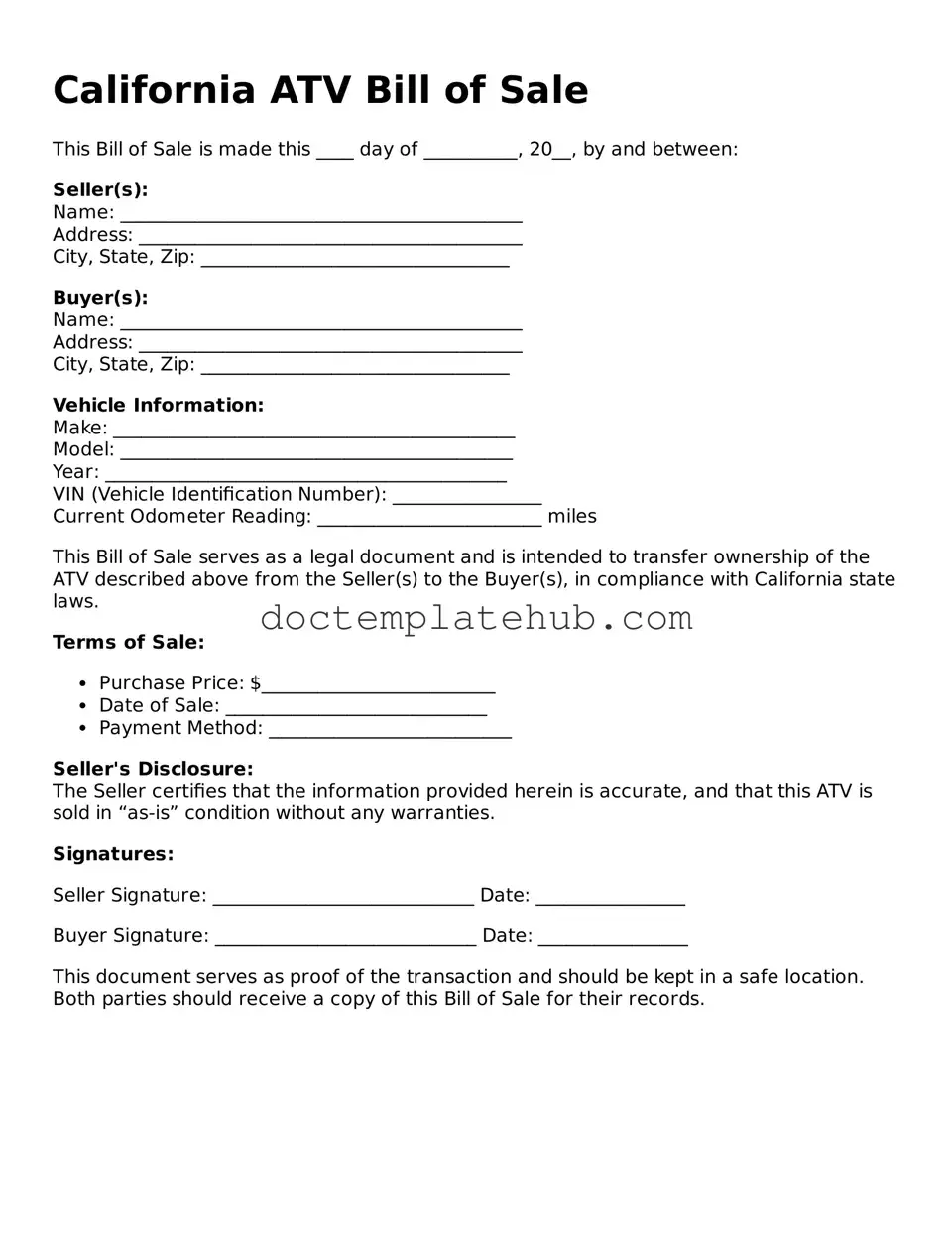 Fillable ATV Bill of Sale Template for California State