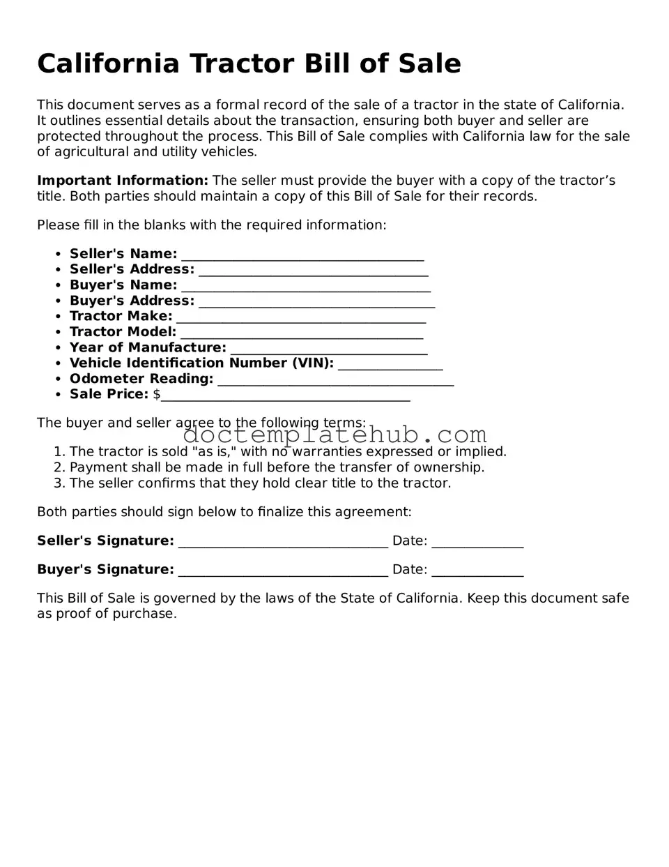 Fillable Tractor Bill of Sale Template for California State