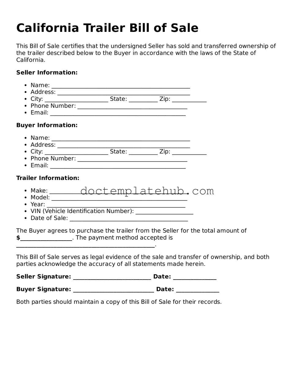 Fillable Trailer Bill of Sale Template for California State